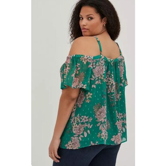 Torrid Top size 2 2X 18 20 Cold Shoulder Halter Crinkle Chiffon Floral Green - Picture 4 of 10
